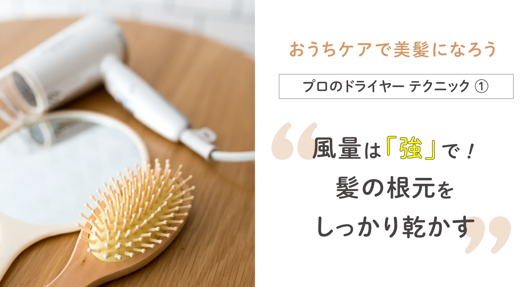 風量は強で髪の根元をしっかり乾かす