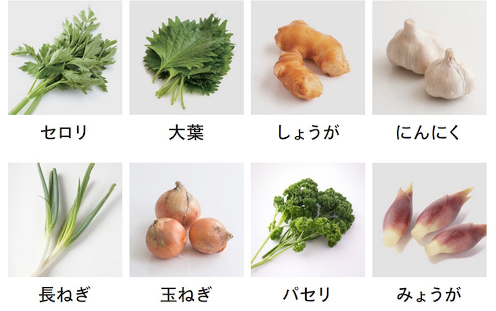 セロリ、大葉、しょうが、にんにく、長ネギ、玉ねぎ、パセリ、みょうが