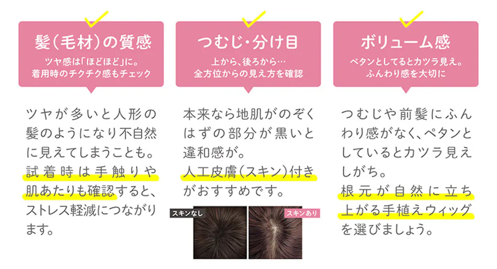 髪(毛材)の質感ツヤ感は「ほどほど」に。着用時のチクチク感もチェック ツヤが多いと人形の髪のようになり不自然に見えてしまうことも。試着時は手触りや肌当たりも確認すると、ストレス軽減につながります。 つむじ・分け目上から、後ろから…全方位からの見え方を確認 本来なら地肌がのぞくはずの部分が黒いと違和感が。人工皮膚(スキン)付きがおすすめです。 ボリューム感ペタンとしてるとカツラ見え。ふんわり感を大切に つむじや前髪にふんわり感がなく、ペタンとしているとカツラ見えしがち。根元が自然に立ち上がる手植えウィッグを選びましょう。