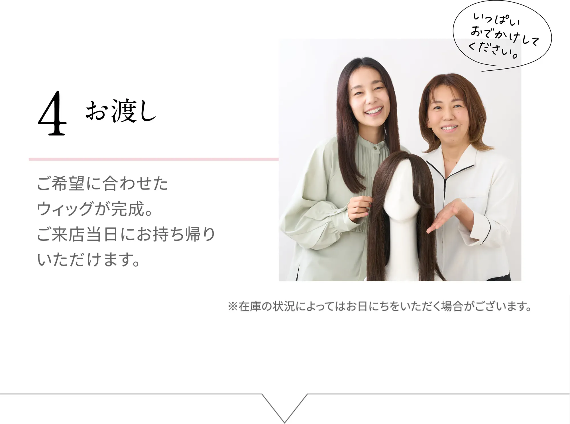 [4 お渡し]ご希望に合わせたウィッグが完成。ご来店当日にお持ち帰りいただけます。